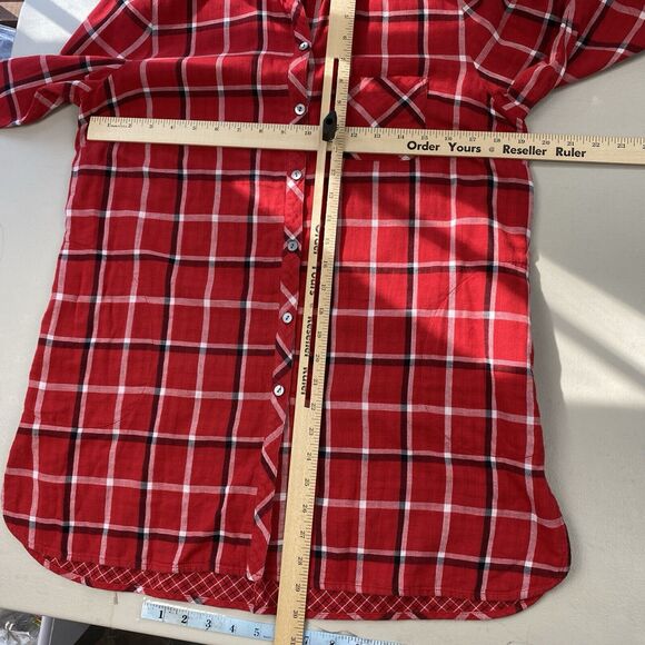 J Jill Tunic Button Up Top Womens Medium Petite Red Plaid Pockets Shacket Grunge - Picture 9 of 14